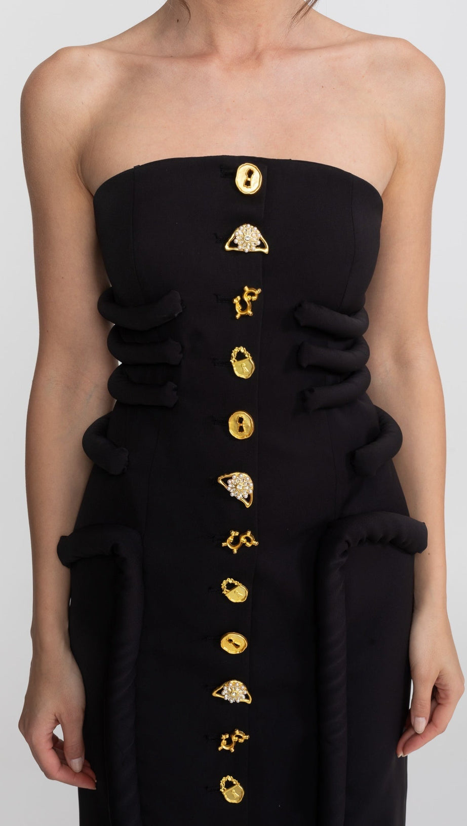 Black Midi Dress With Sculptural Knotted Bodice Detail And Jewel Buttons - Black
