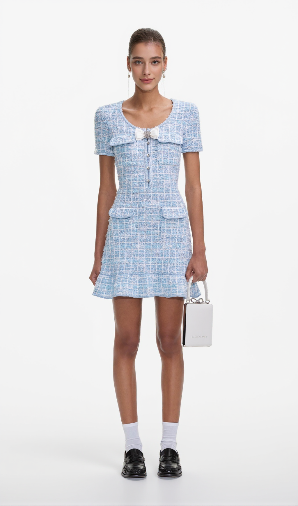 CHECK KNIT MINI DRESS IN BLUE