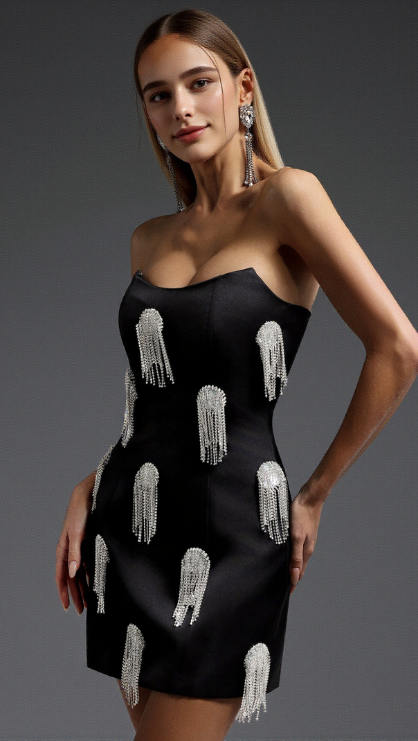 AIIZIE FLOR SLEEVELESS DIAMOND TASSELS MINI DRESS IN BLACK - product image