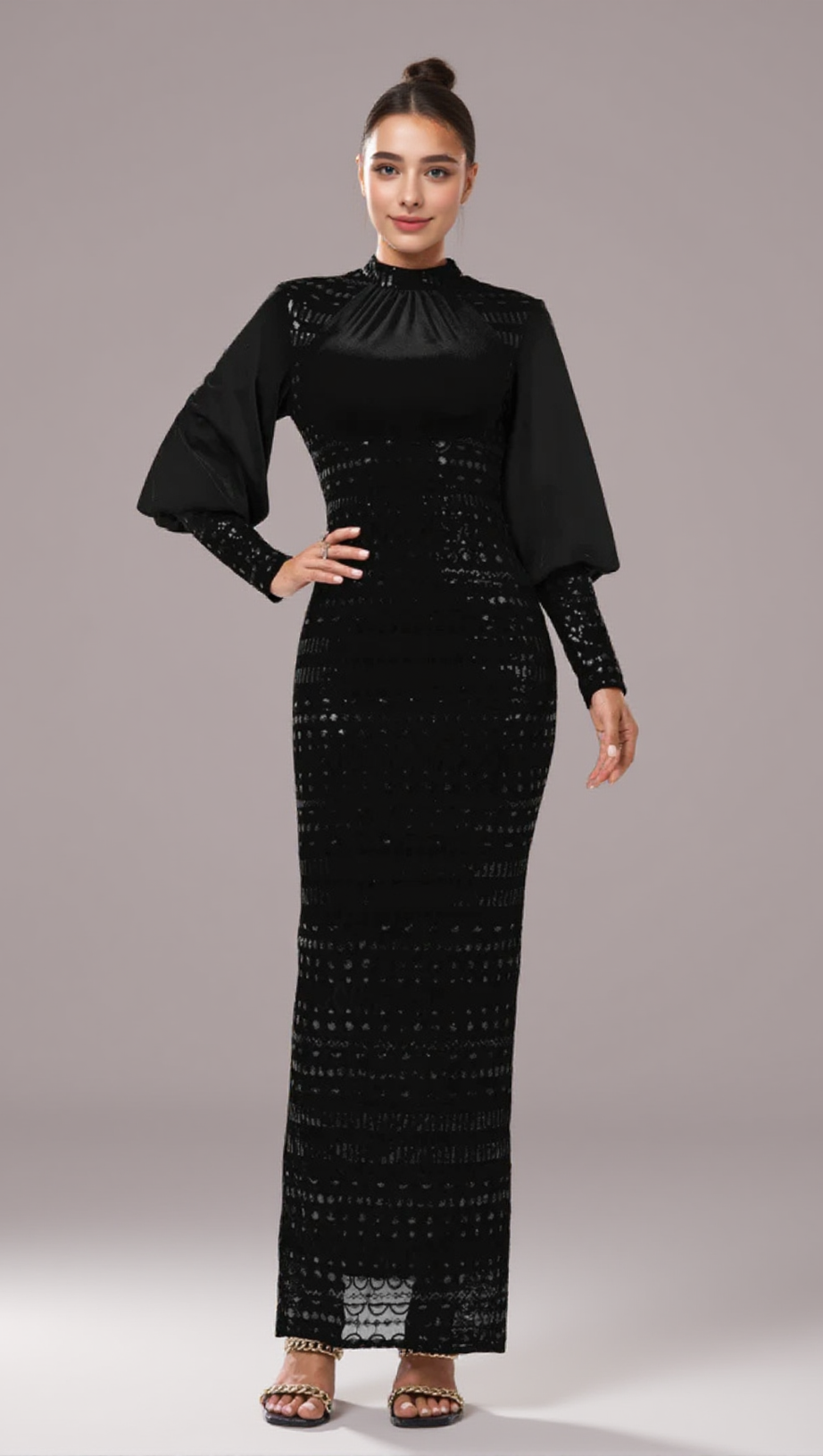 BEATRICE SEQUIN LONG SLEEVE MAXI DRESS IN BLACK