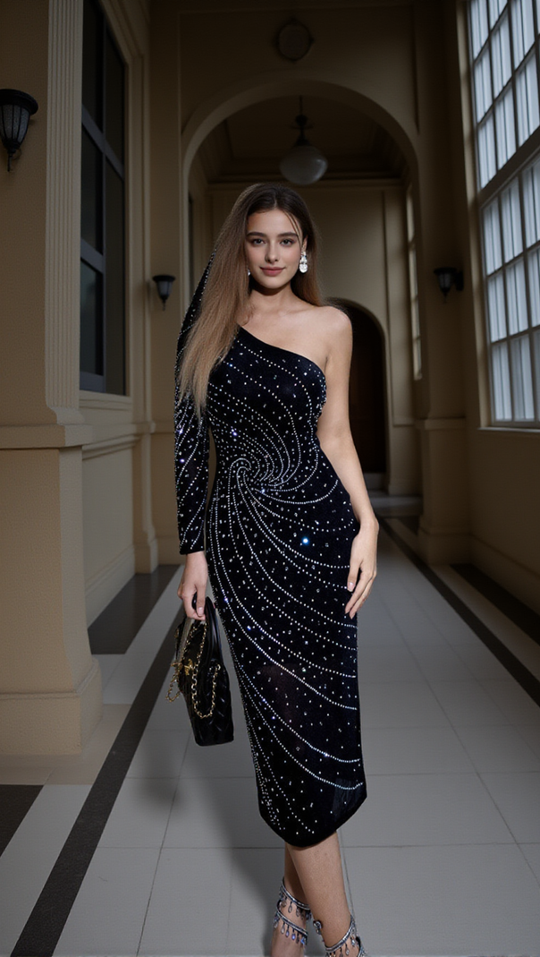 AIIZIE ONE-SHOULDER RHINESTONE FITTED DRESS - product image