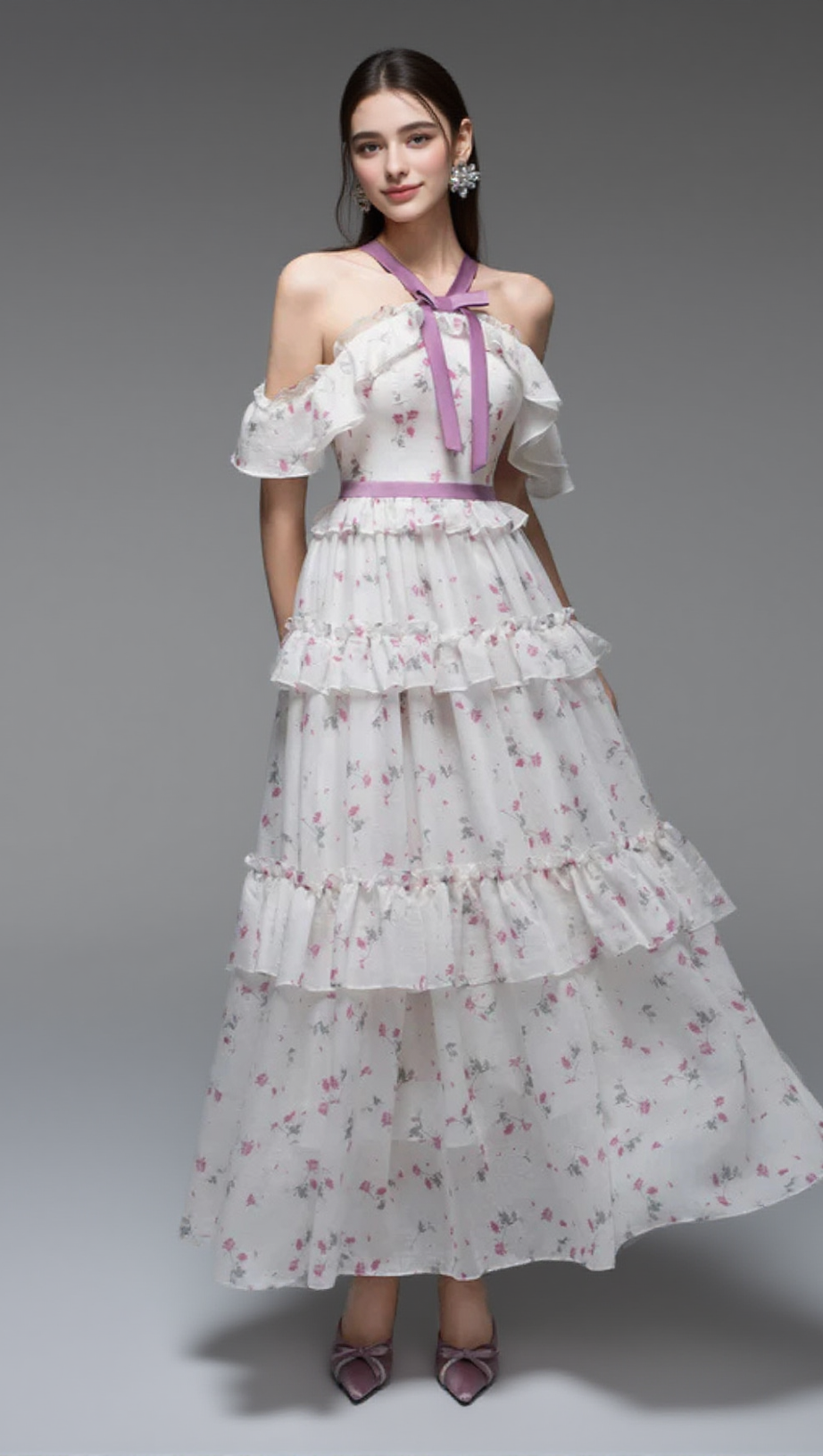 FLORAL PRINT BOW COLLAR RUFFLE FLARED MAXI DRESS