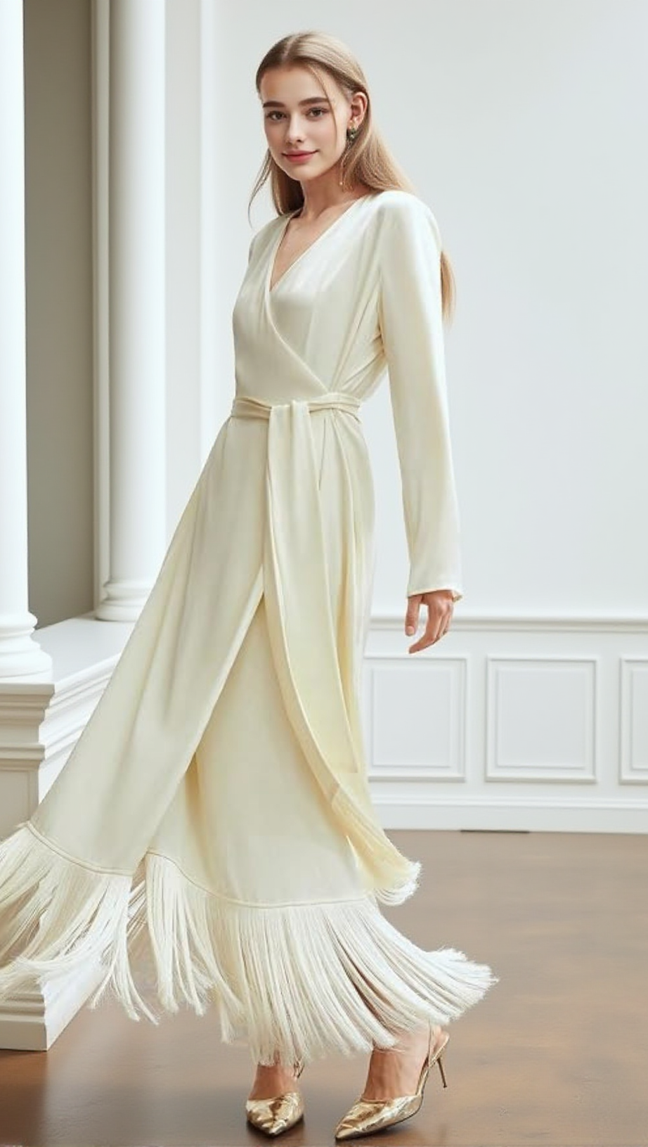 BELTED SATIN FRINGE-HEM DRESS IN BEIGE