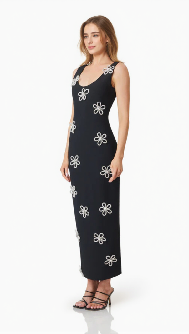 AIIZIE EDMARK FLOWER CRYSTAL EMBELLISHED MIDI BANDAGE DRESS - product image