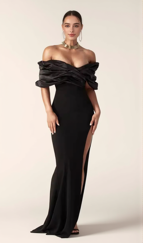 AIIZIE SOPHIA OFF SHOULDER RUCHED MAXI SLIT DRESS IN BLACK - product image