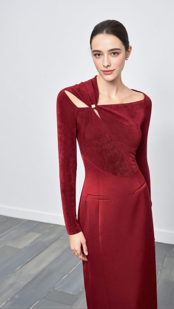 AIIZIE ELEANOR SHEATH ASYMMETRIC NECK TAFFETA MIDI DRESS IN RED - product image