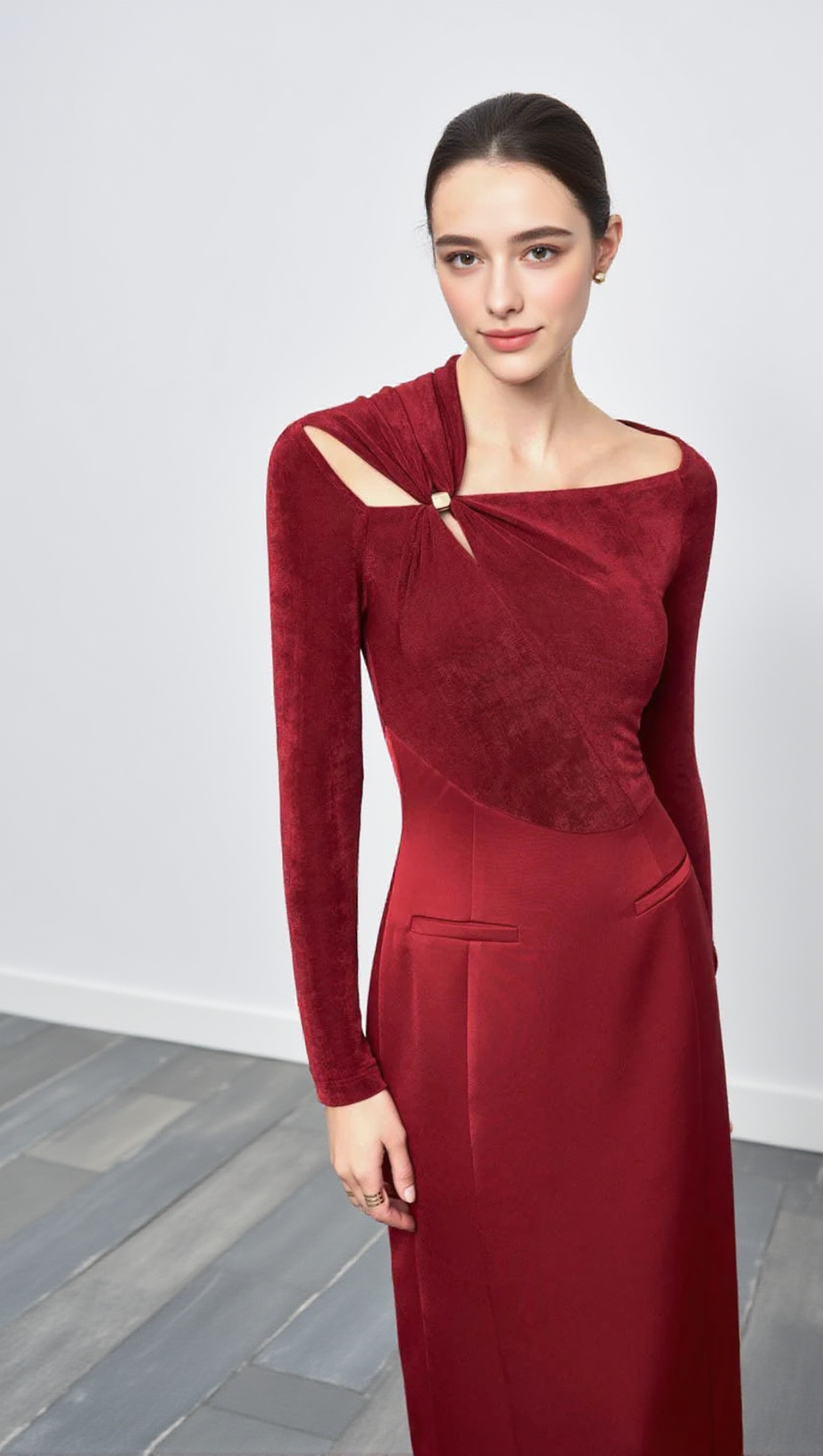 ELEANOR SHEATH ASYMMETRIC NECK TAFFETA MIDI DRESS IN RED