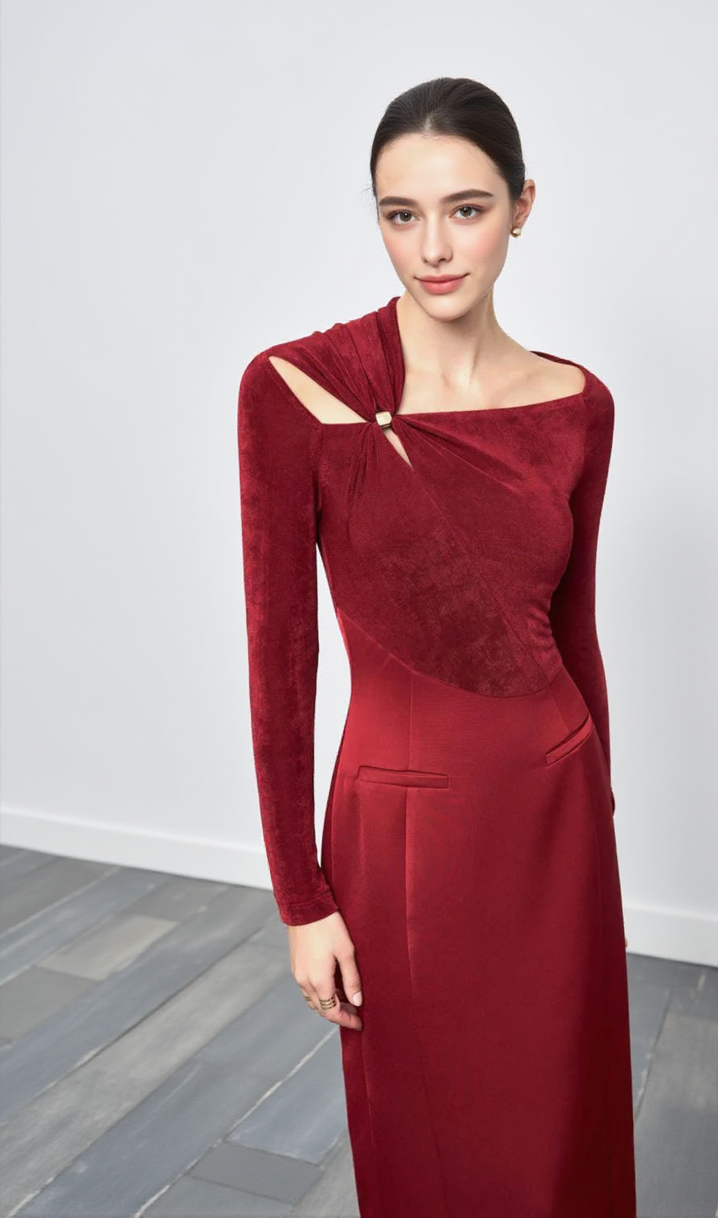 ELEANOR SHEATH ASYMMETRIC NECK TAFFETA MIDI DRESS IN RED