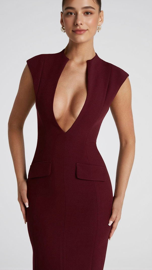 AIIZIE NELLIE V-NECK BODYCON MIDI DRESS IN CHERRY LACQUER - product image