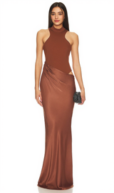 Ilya Asymmetrical Cutout Satin Maxi Dress in Brown