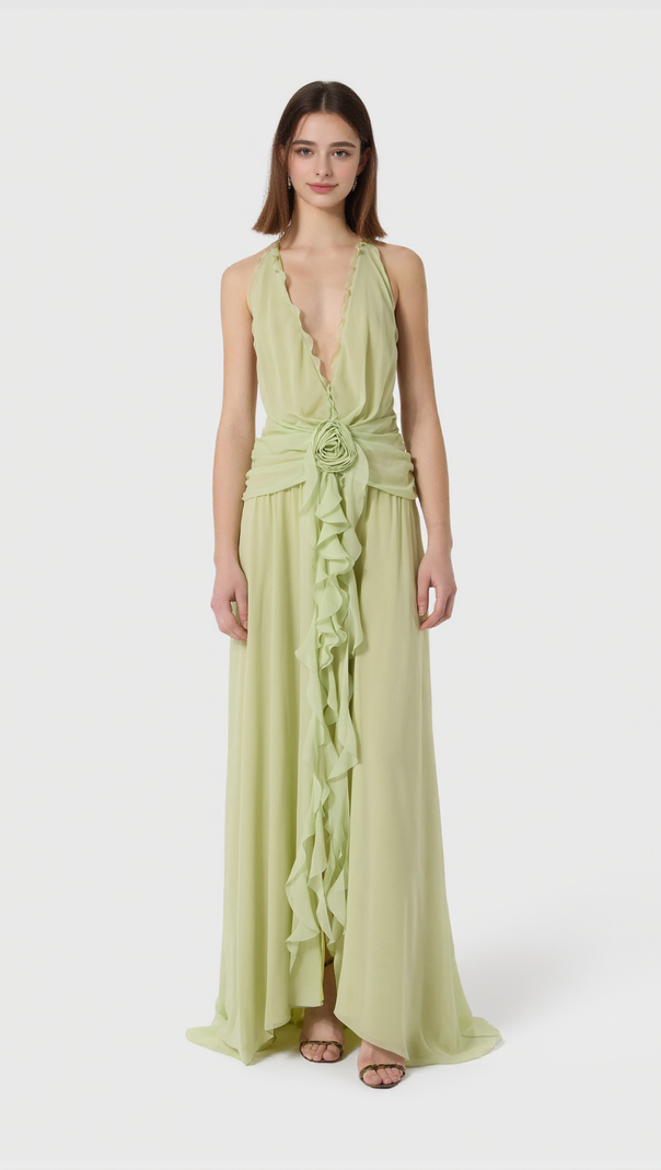 AIIZIE AONAVER FLORAL RUFFLE HALTER MAXI DRESS IN GREEN - product image