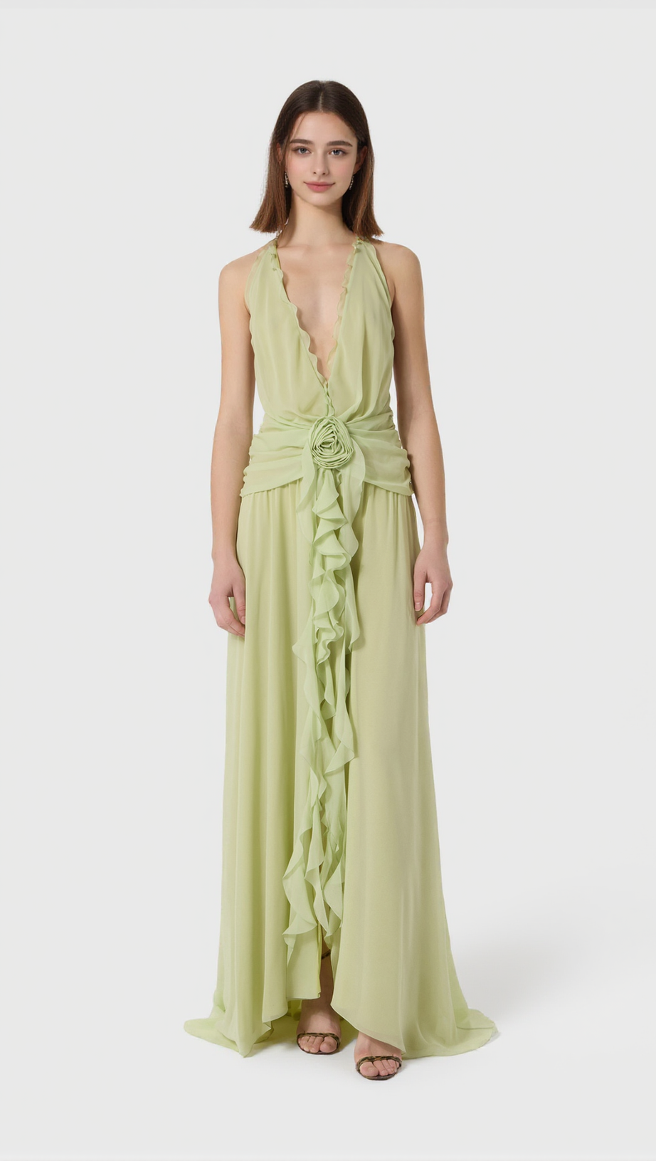 AONAVER FLORAL RUFFLE HALTER MAXI DRESS IN GREEN
