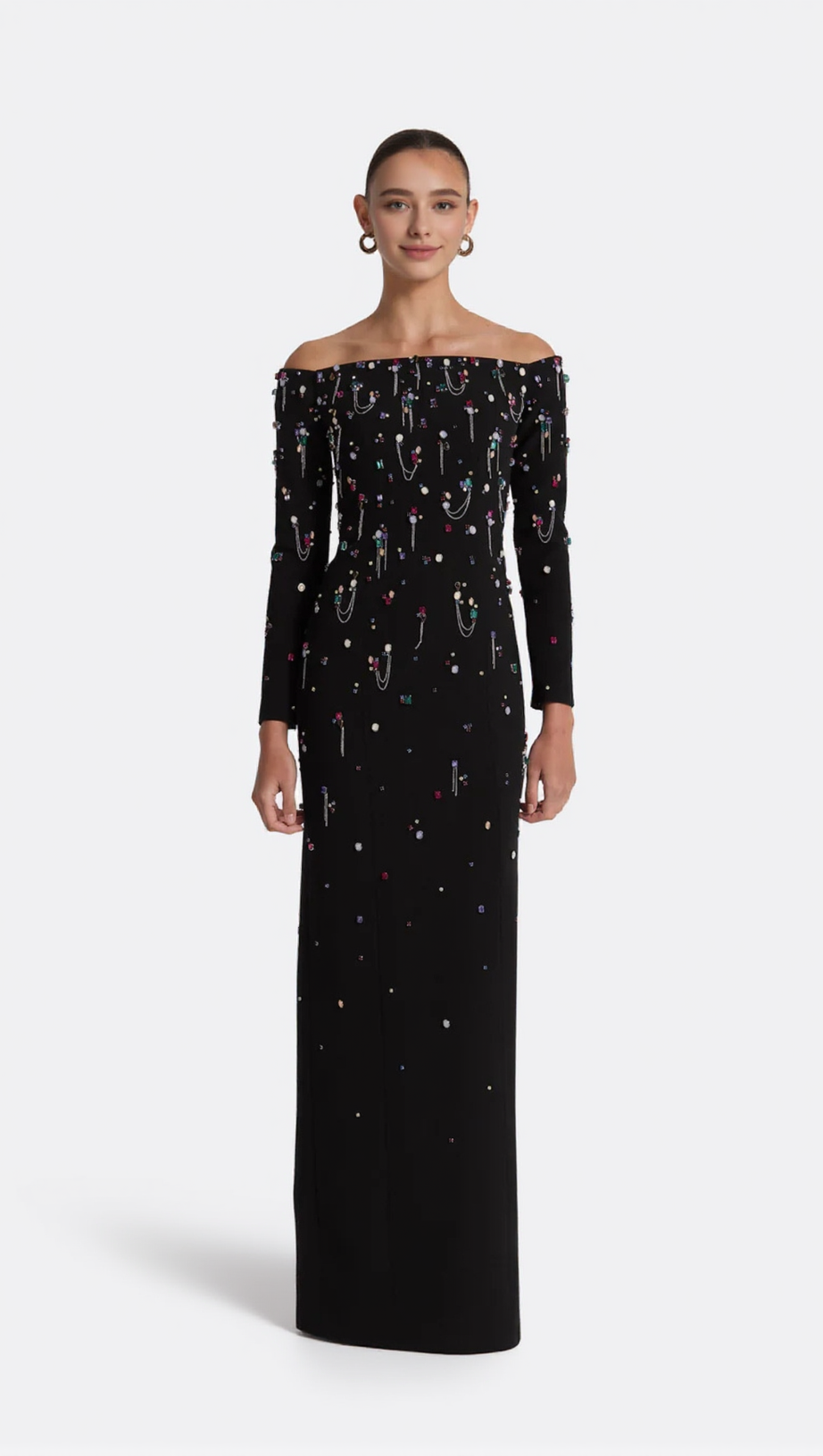 PAMARIA DIAMANTE EMBROIDERY OFF SHOULDER MAXI DRESS