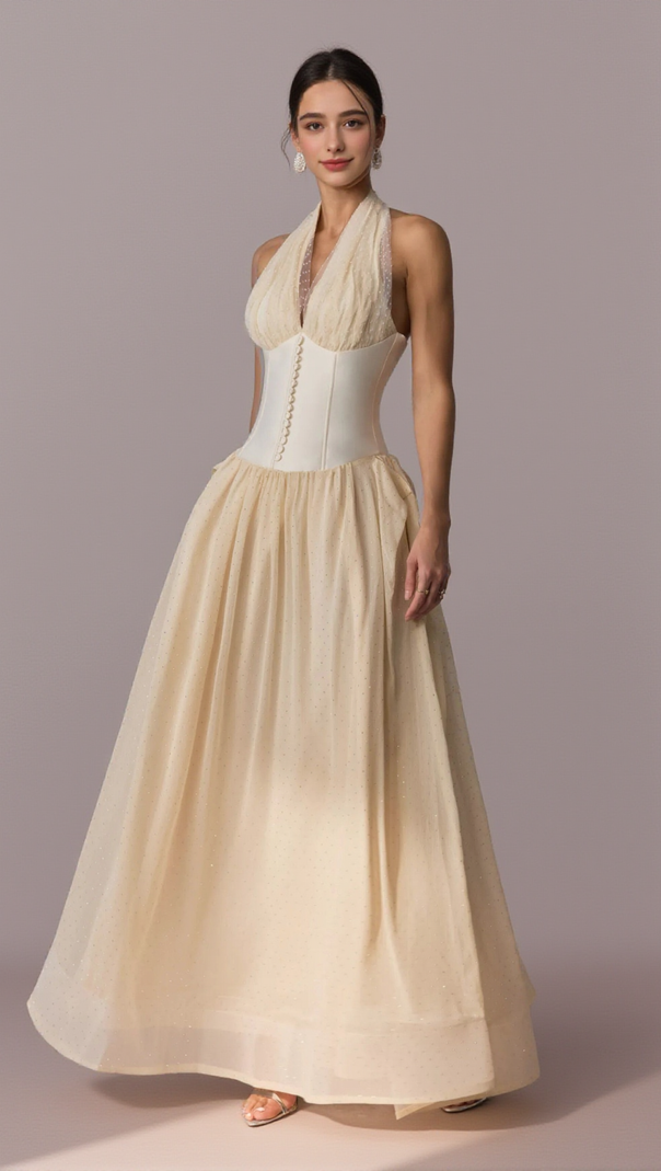AIIZIE TIFFANY HALTERNECK TULLE OVERLAY MAXI DRESS IN APRICOT - product image