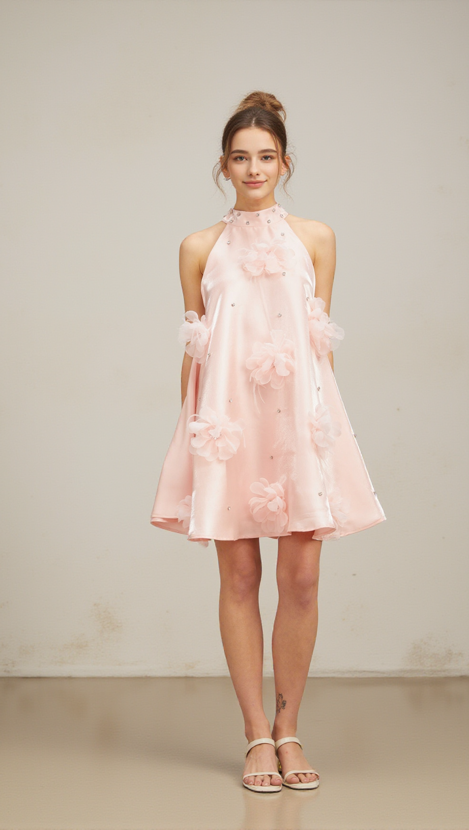 QUELLA PINK FLOWER SLEEVELESS A-LINE MINI DRESS