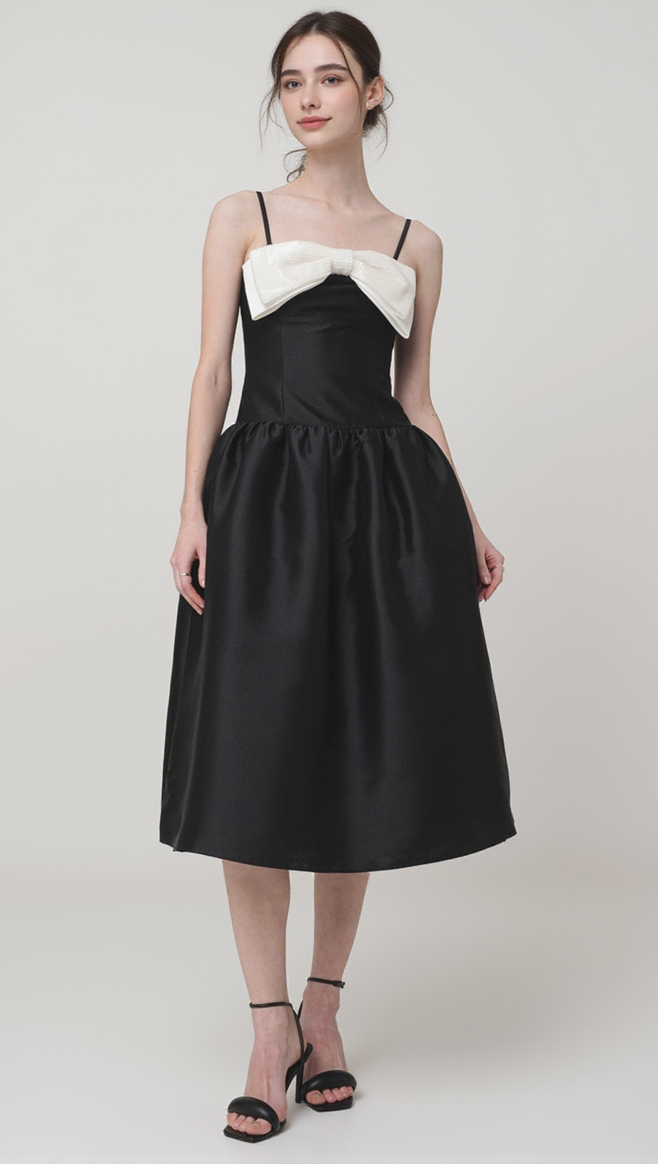 BOW-DETAIL TAFFETA MIDI DRESS IN BLACK
