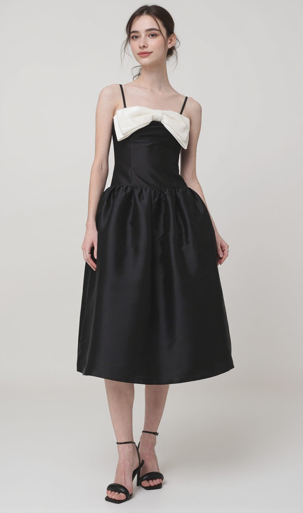 BOW-DETAIL TAFFETA MIDI DRESS IN BLACK