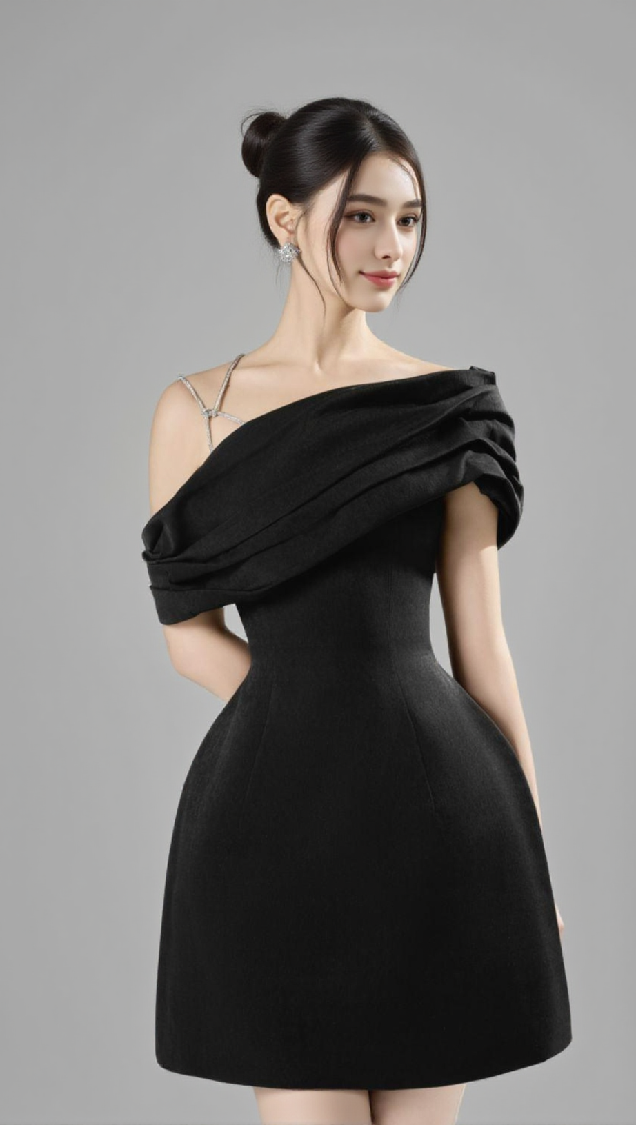 ELLEN ASYMMETRIC NECK TAFFETA MINI DRESS IN BLACK