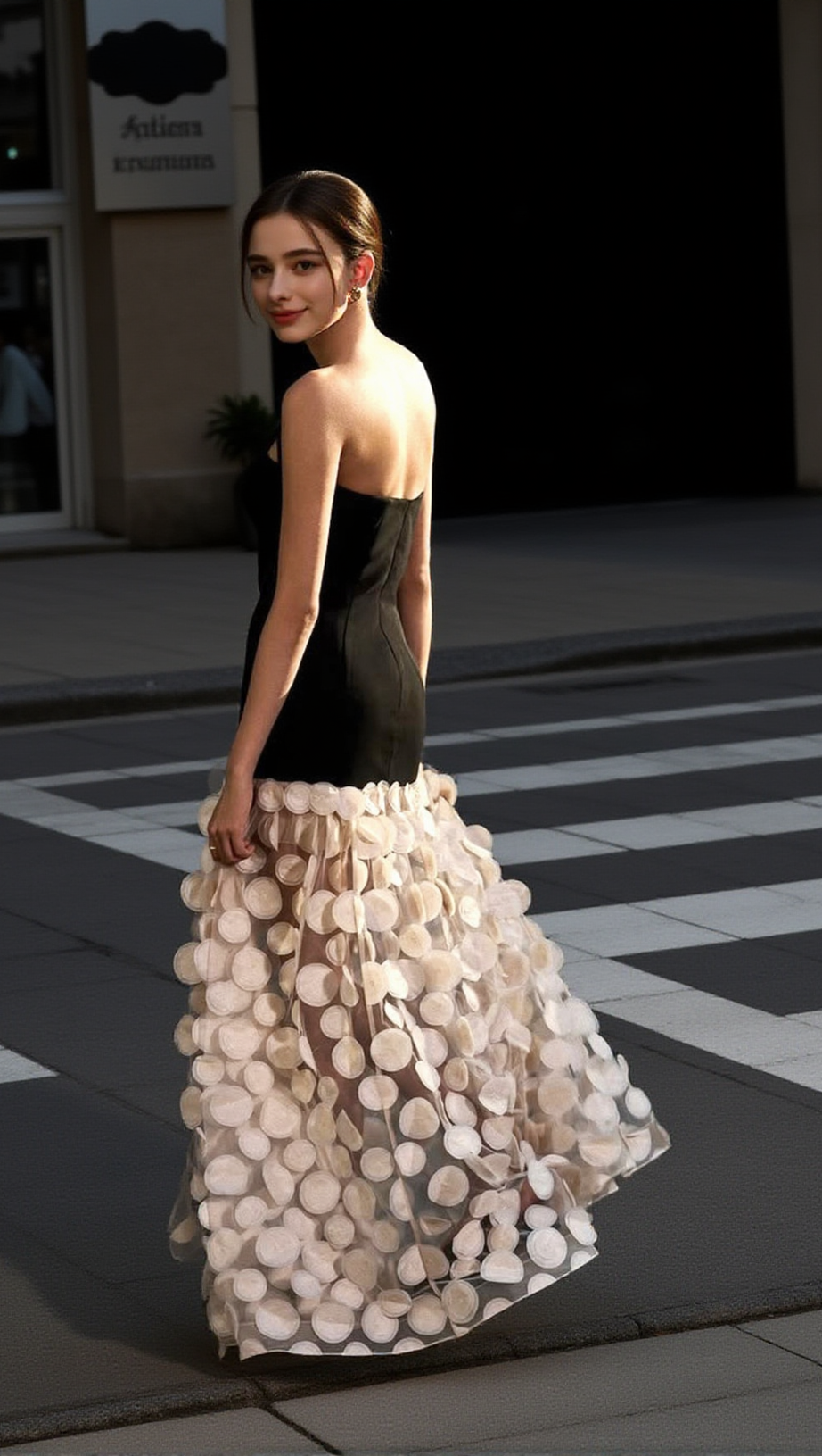 Trägerloses Maxikleid in A-Linie Schwarz Elfenbein