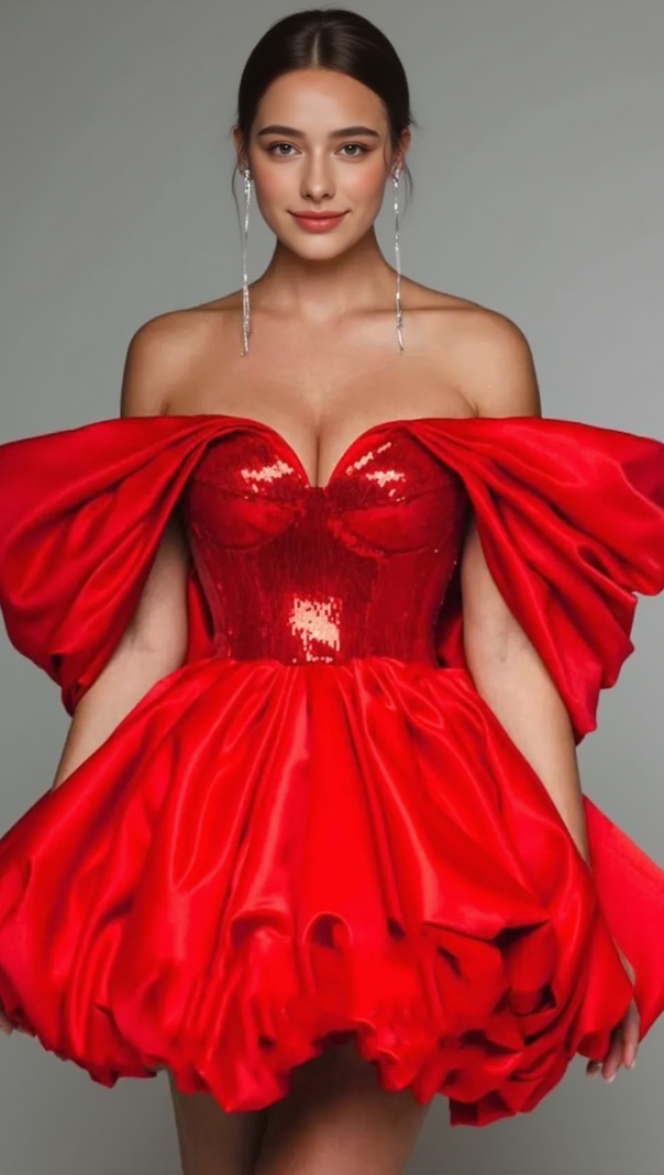 AIIZIE BARDOT SEQUIN BUSTIER PUFF DRESS RED - product image