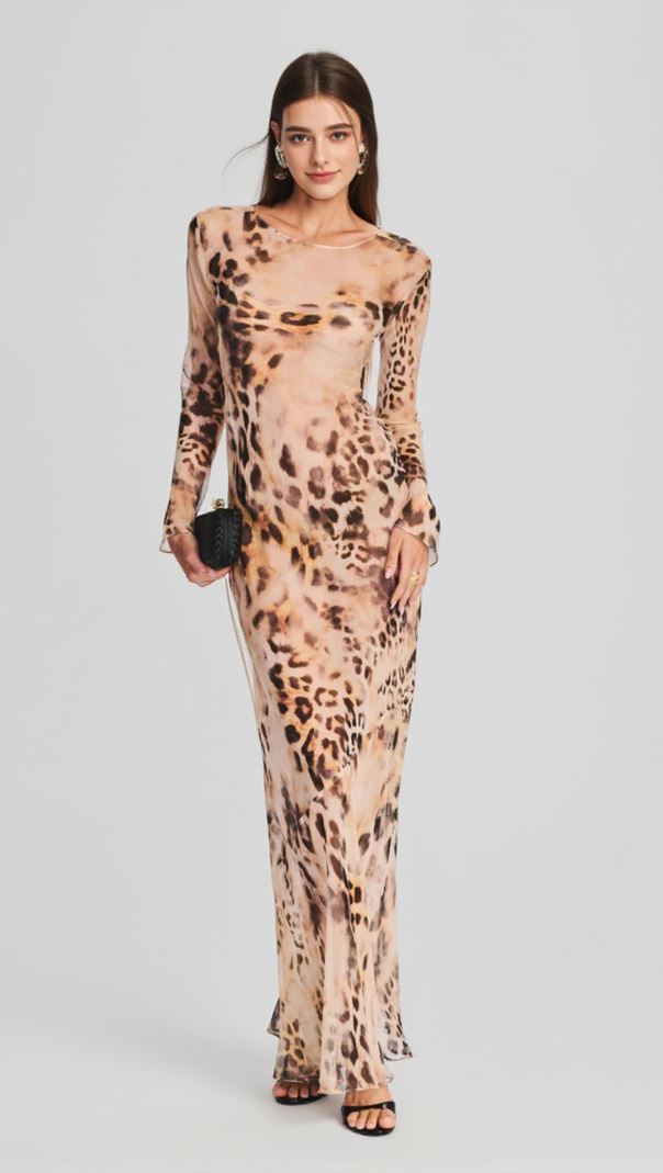 AIIZIE WINNI LEOPARD BACKLESS SILK MAXI DRESS - product image