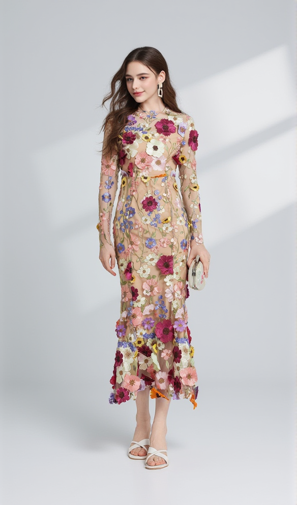 CAROL brown FLORAL EMBROIDERY MESH LONG SLEEVE MIDI DRESS