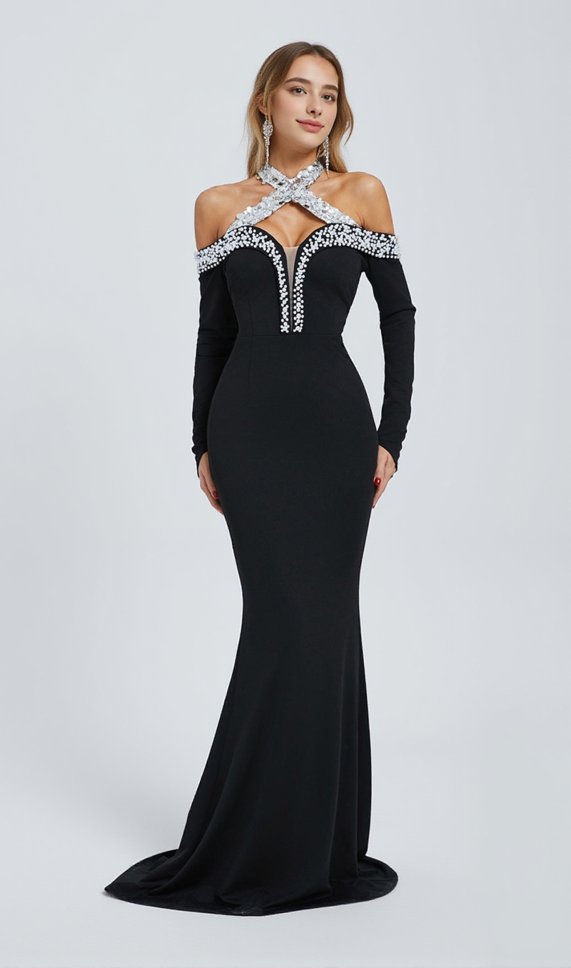 Halter Pearl Crystal-Trim Maxi Dress