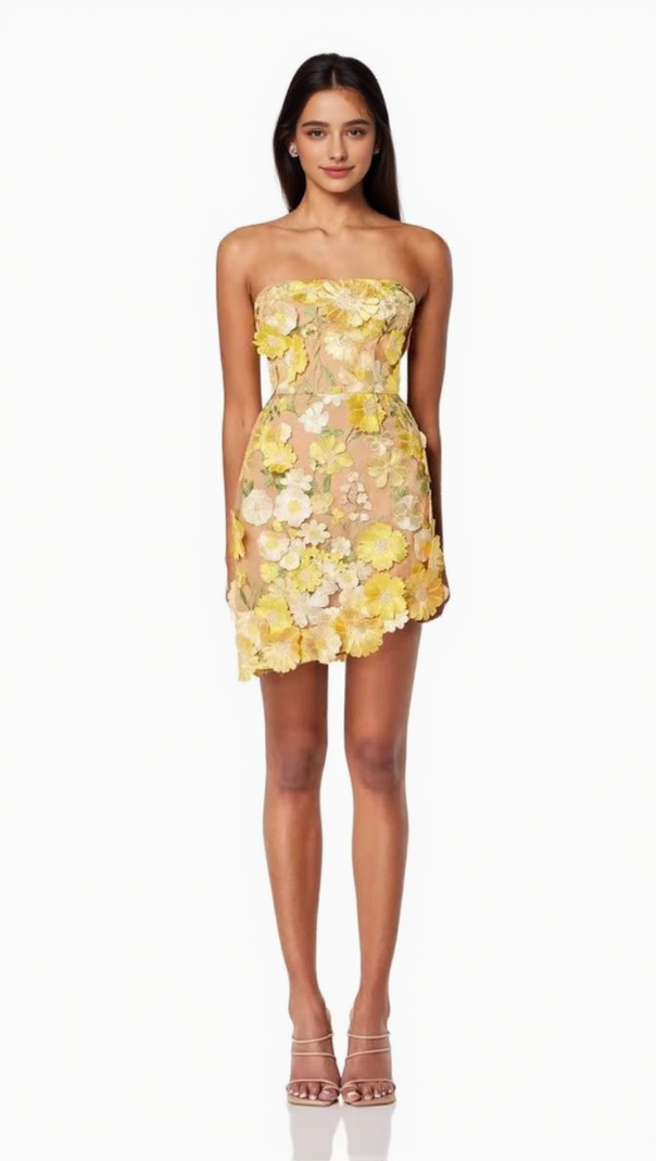 AIIZIE SOFT FLORAL TUBE TOP SHORT DRESS YELLOW - product image