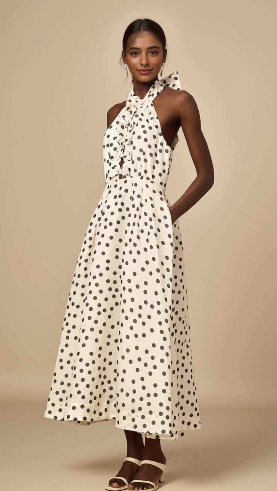 BOW POLKA DOT HALTER NECK MIDI DRESS IN WHITE