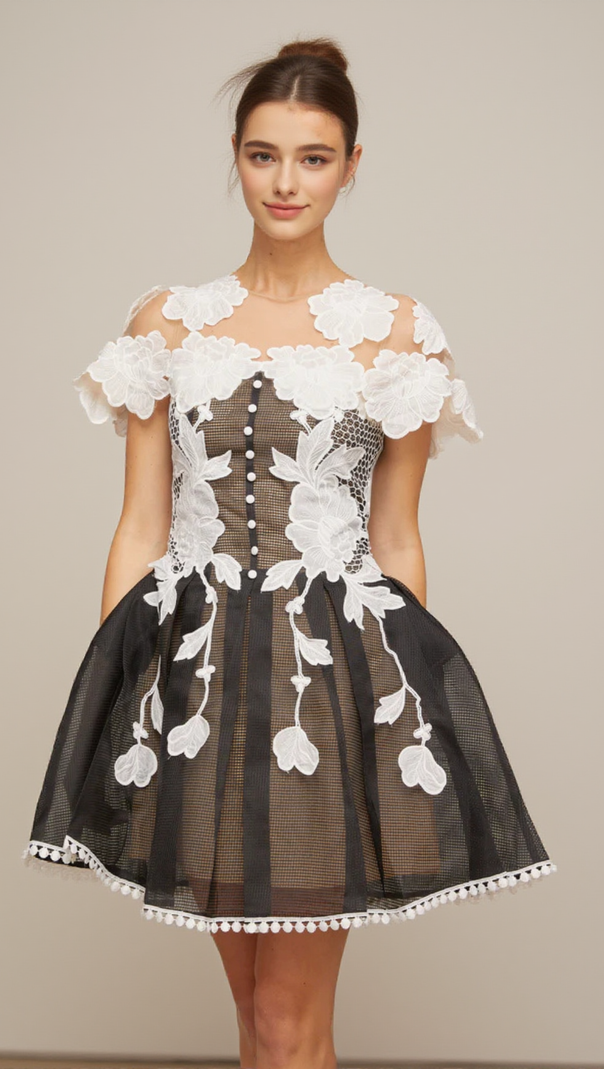 AIIZIE BLACK-WHITE LACE FLOWER EMBELLISHED MINI DRESS - product image