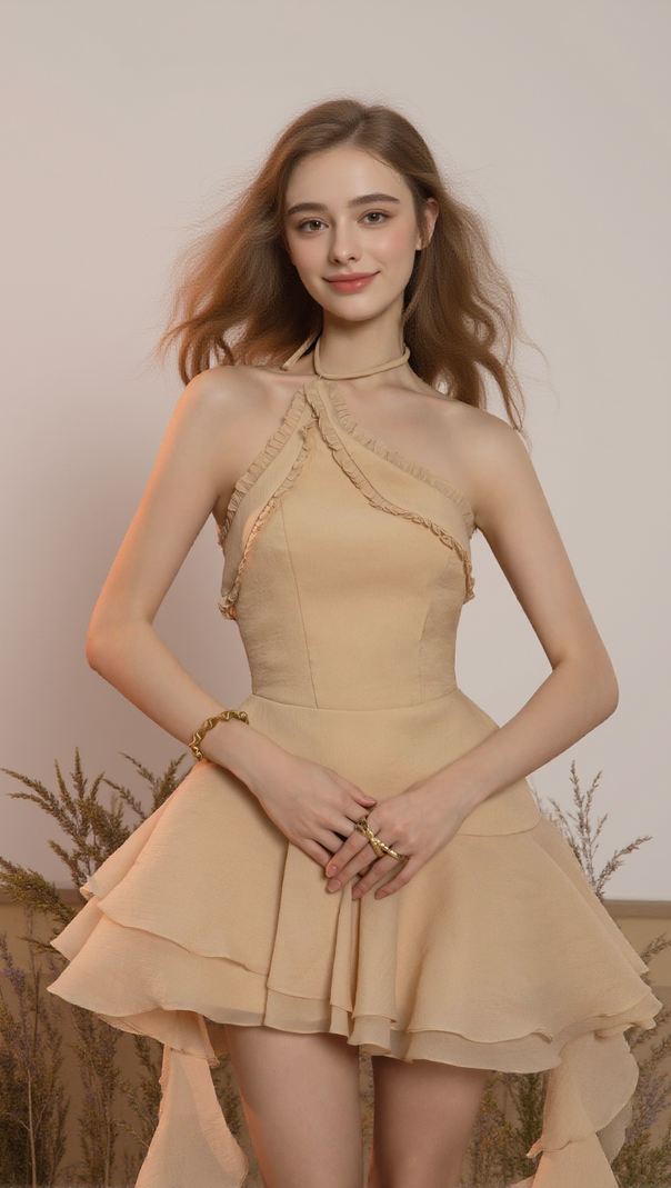 AIIZIE JESSICA HALTER RUFFLE TRIM MINI DRESS IN BEIGE - product image