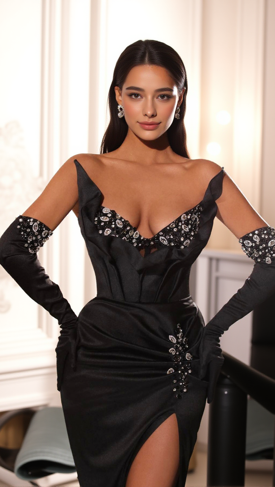 Trägerloses Kristall-Bustier-Maxikleid in Schwarz