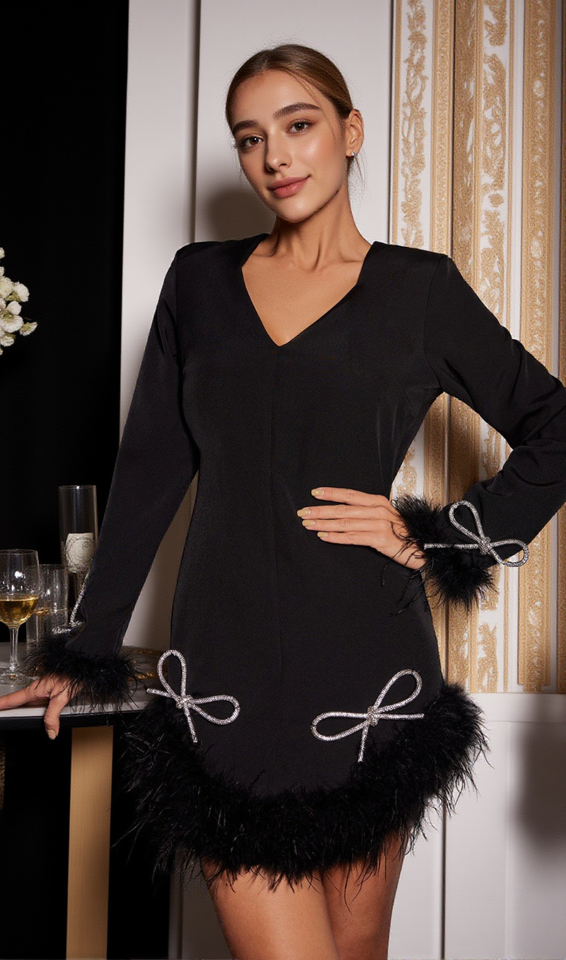 LONG SLEEVE BOW CRYSTAL FEATHER DRESS