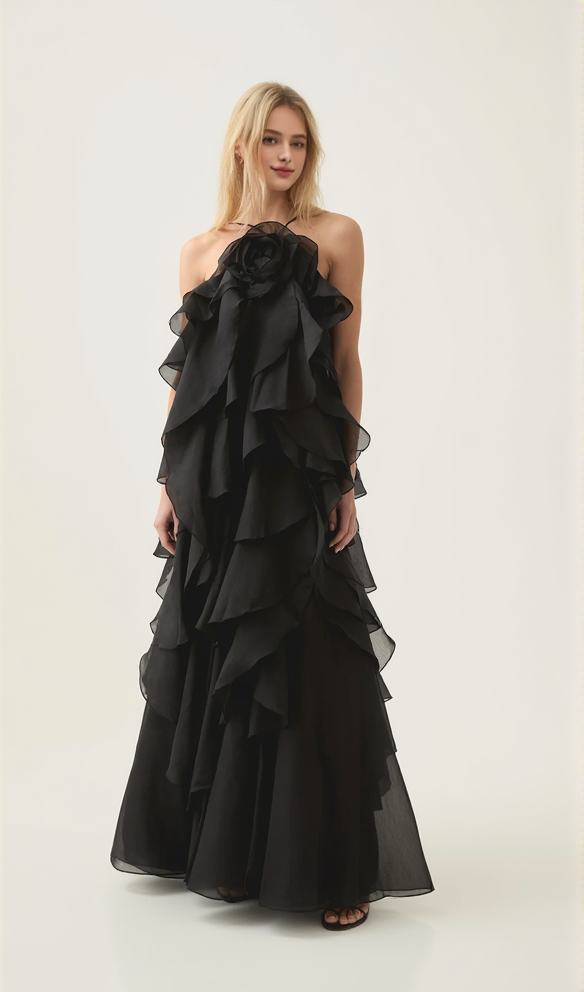 Caysie Halter Floral Ruffle Layered Maxi Dress in Black