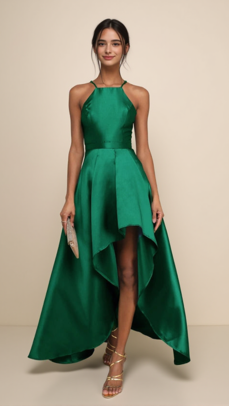 Smaragdgrünes High-Low-Kleid für Broadway-Shows 