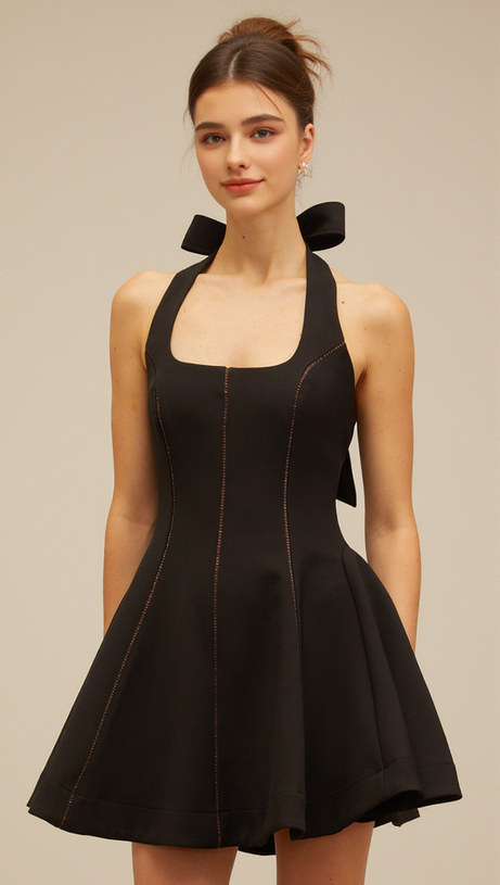 SANDY HALTERNECK BOW-EMBELLISHED MINI DRESS IN BLACK