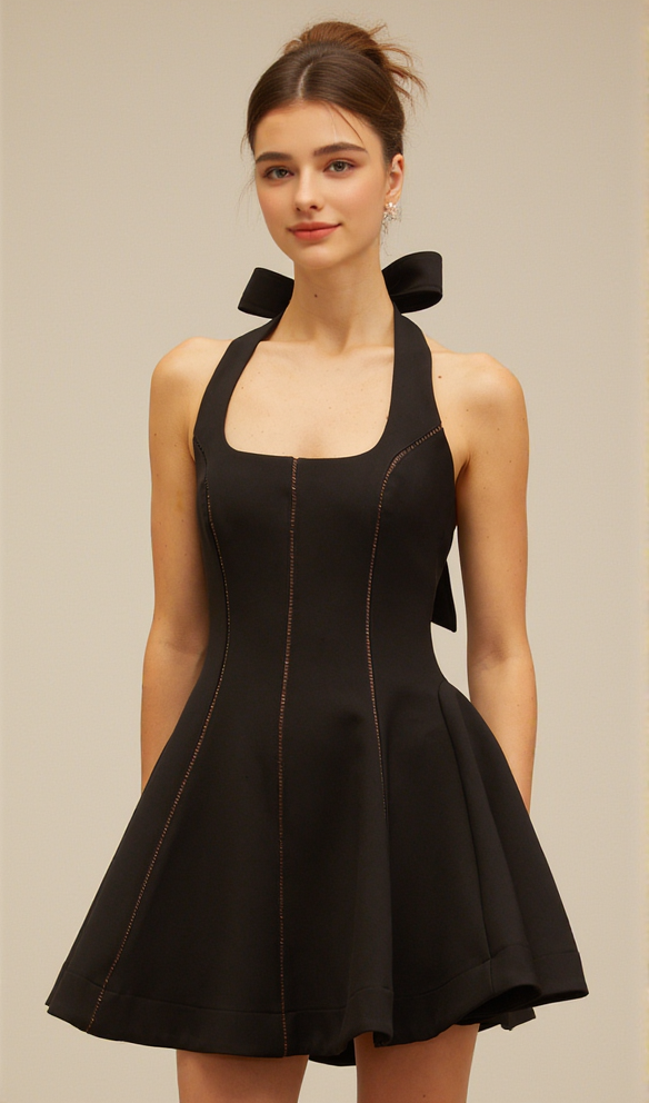 SANDY HALTERNECK BOW-EMBELLISHED MINI DRESS IN BLACK