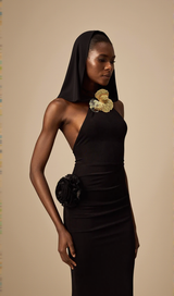tammy Metal 3D Flower Hooded Midi Dress in black