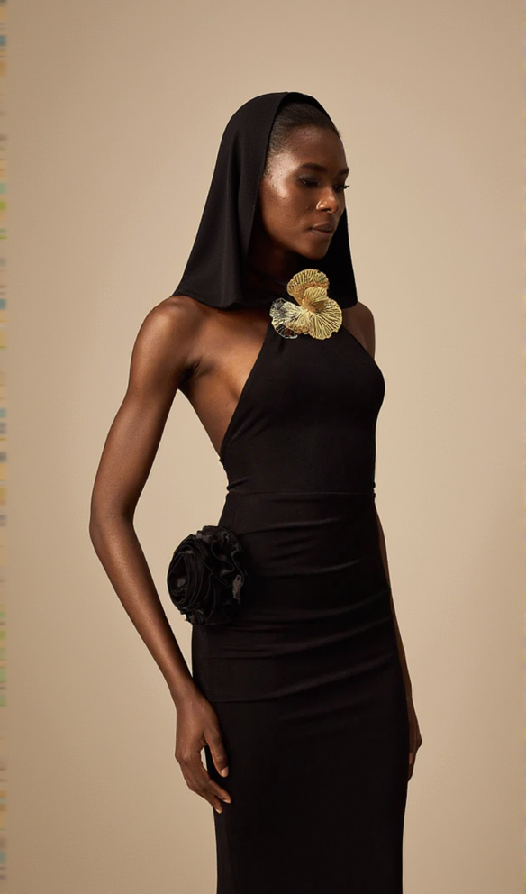 tammy Metal 3D Flower Hooded Midi Dress in black