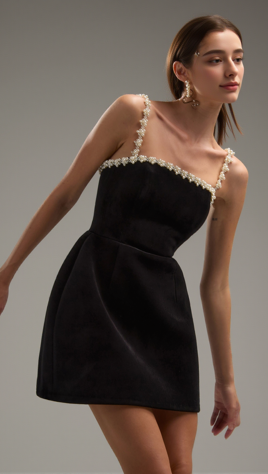 PEARL EMBELLISHED STRAP MINI DRESS IN BLACK