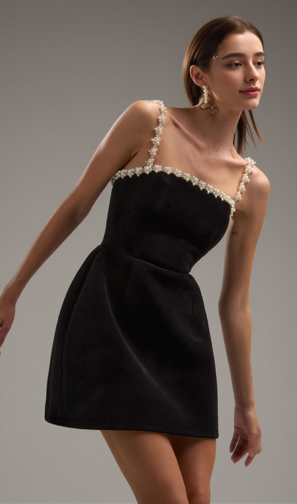 PEARL EMBELLISHED STRAP MINI DRESS IN BLACK