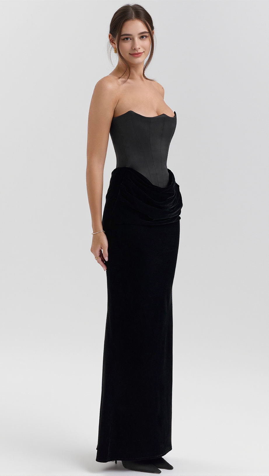 BLACK VELVET STRAPLESS CORSET MAXI DRESS