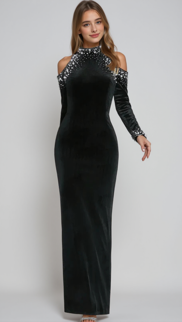 AIIZIE BARBARA SEQUIN EMBELLISHED LONG SLEEVE MAXI DRESS IN BLACK - product image