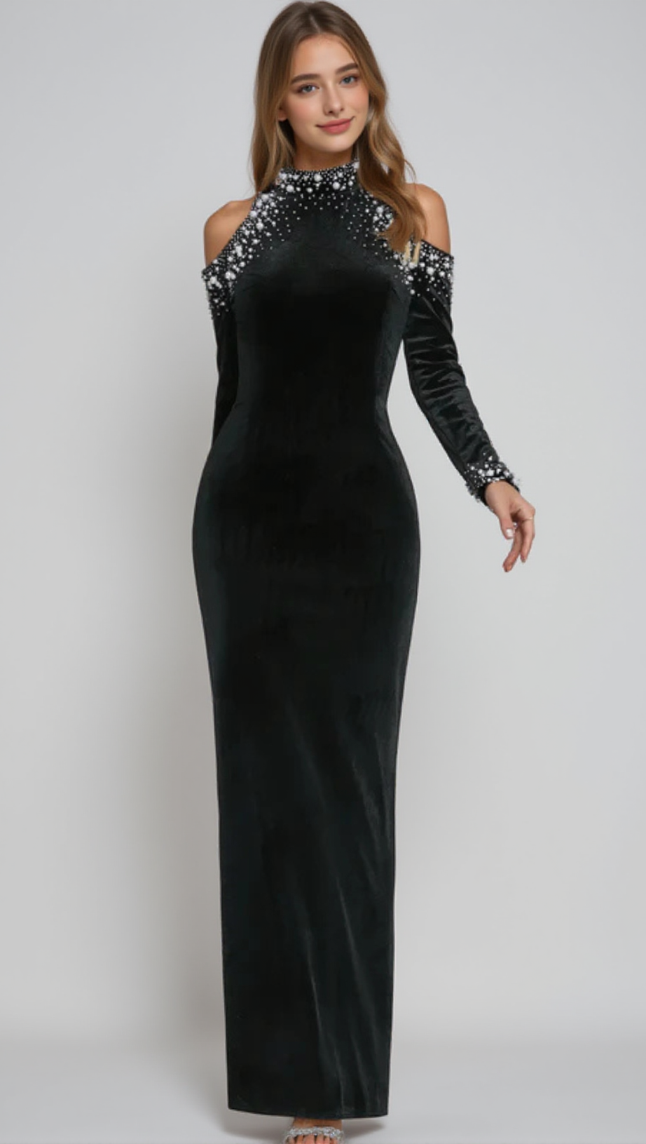 BARBARA SEQUIN EMBELLISHED LONG SLEEVE MAXI DRESS IN BLACK