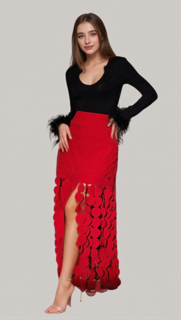 AIIZIE CIRCLE CUTOUT FRINGE SKIRT IN RED - product image