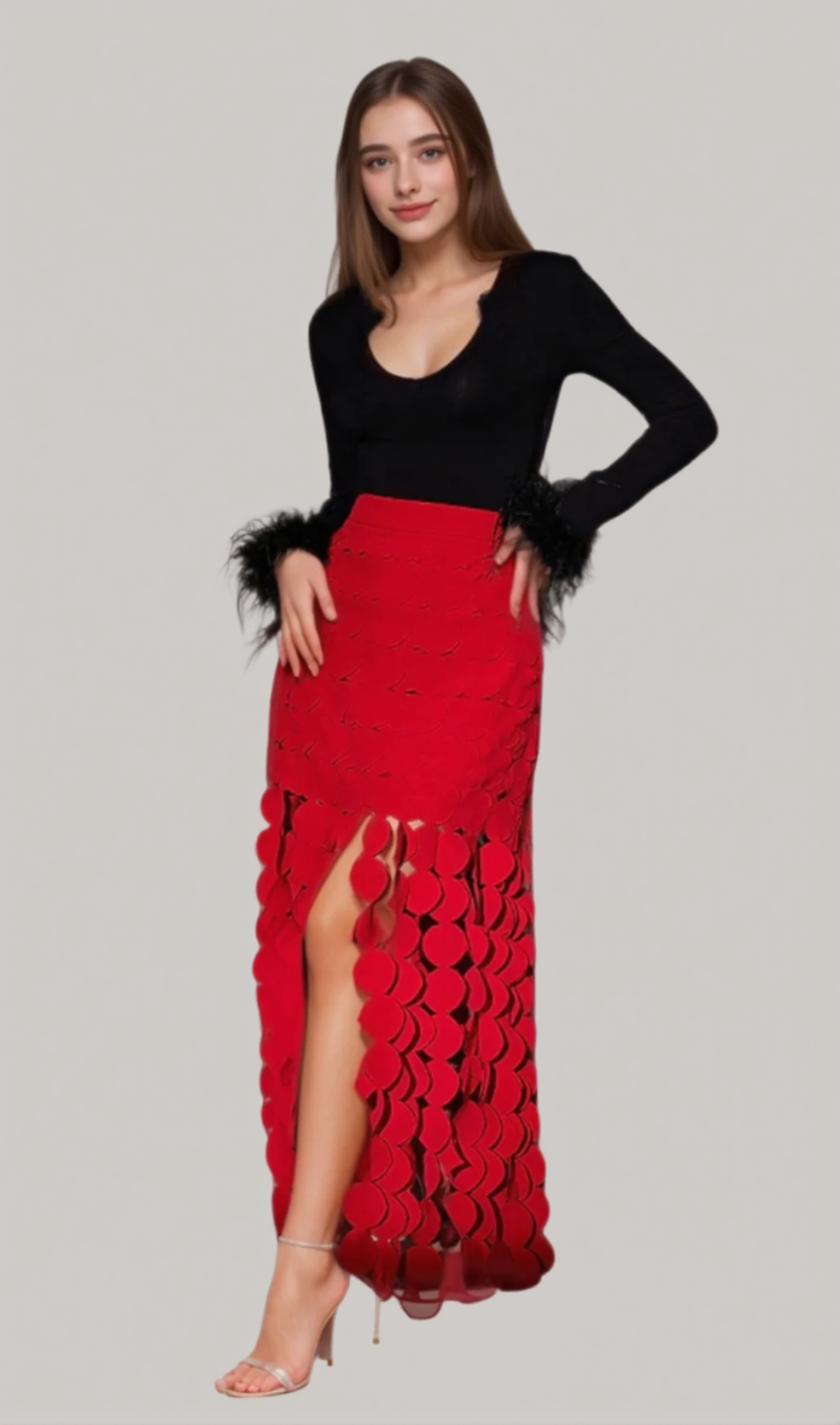 CIRCLE CUTOUT FRINGE SKIRT IN RED