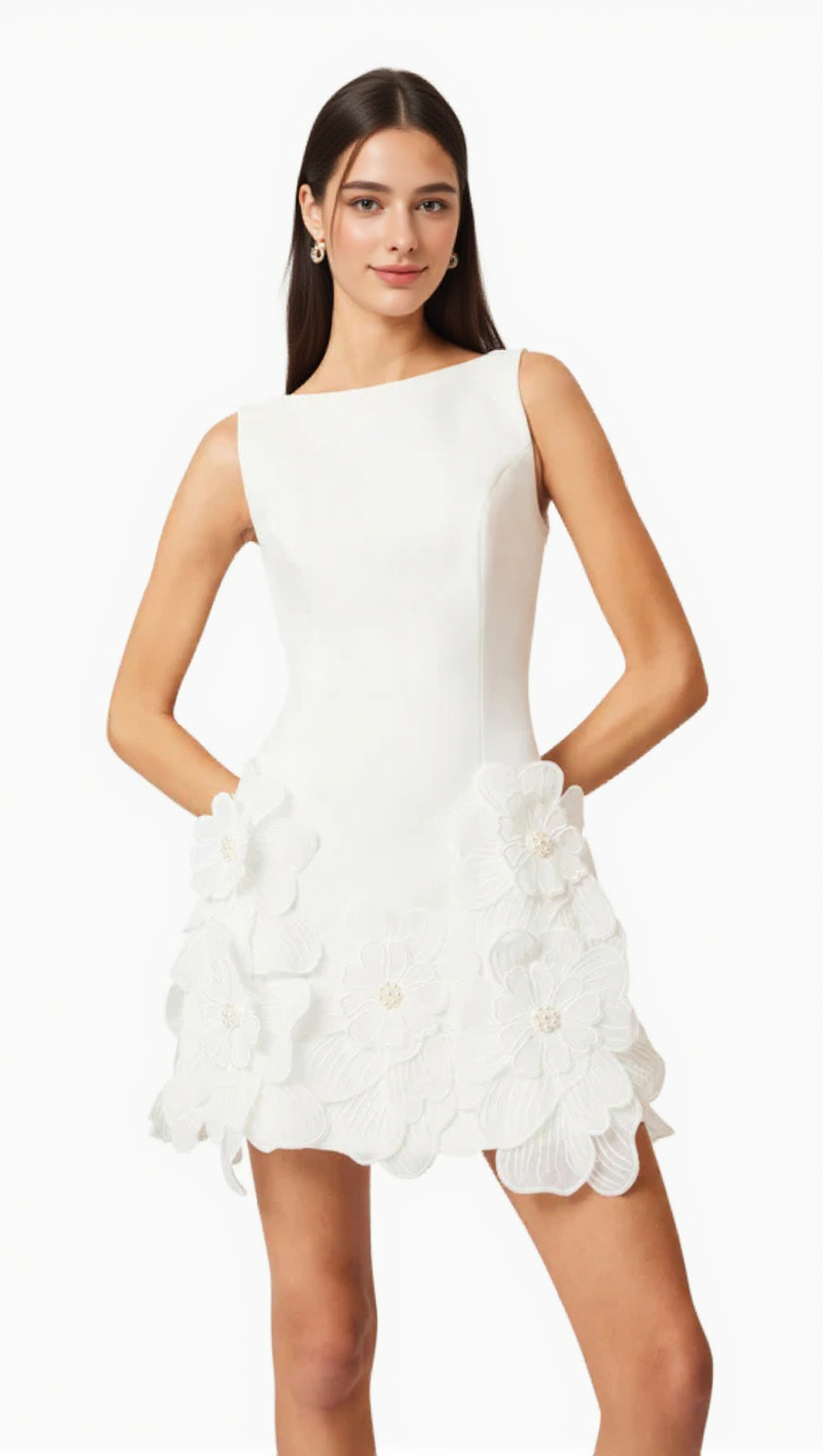 ABITO CORTO ADALGISA CON APPLICAZIONI FLOREALI IN BIANCO