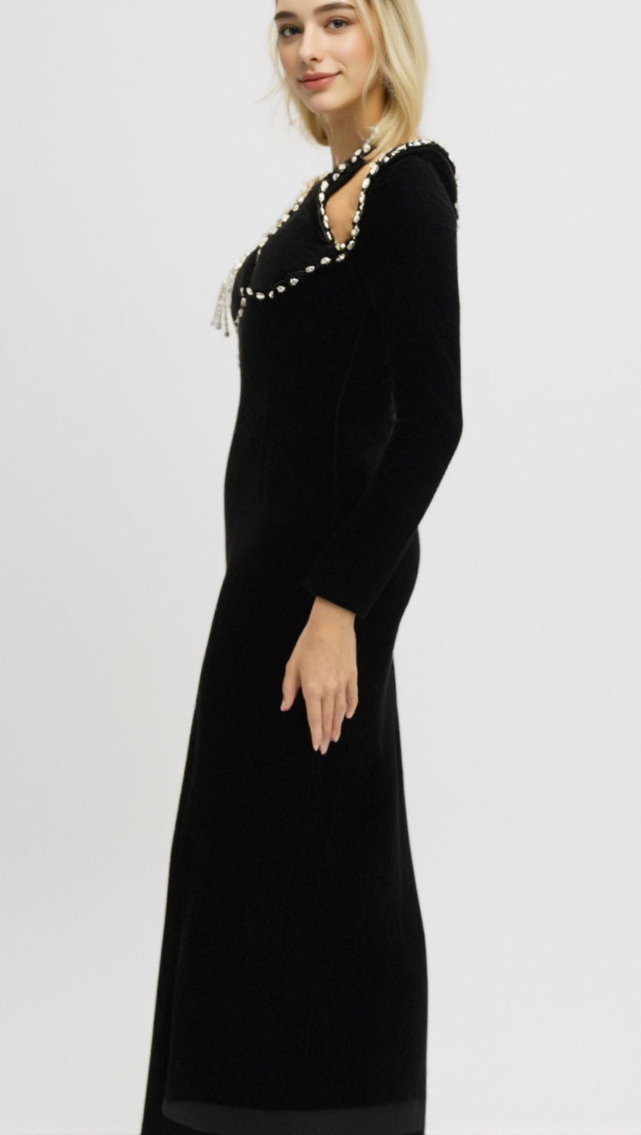 ALISON BLACK CRYSTAL-EMBELLISHED VELVET MAXI DRESS