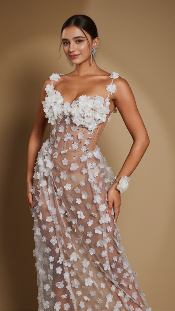 AIIZIE ADELE SPAGHETTI FLOWER CORSET MAXI DRESS IN WHITE - product image