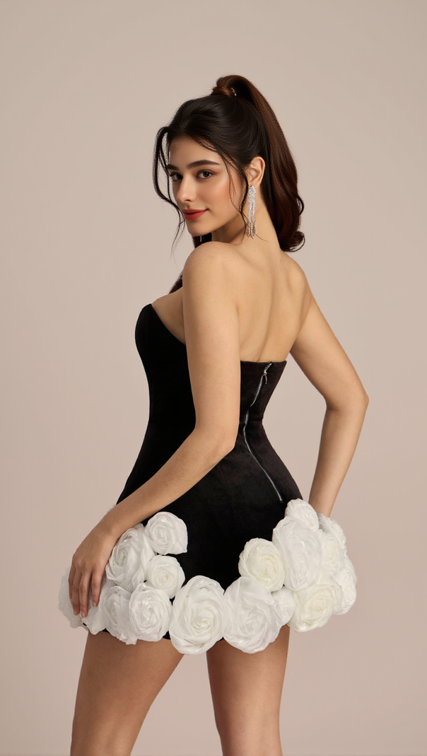 AIIZIE SEBAST FLOWER STRAPLESS VELVET MINI DRESS IN BLACK - product image